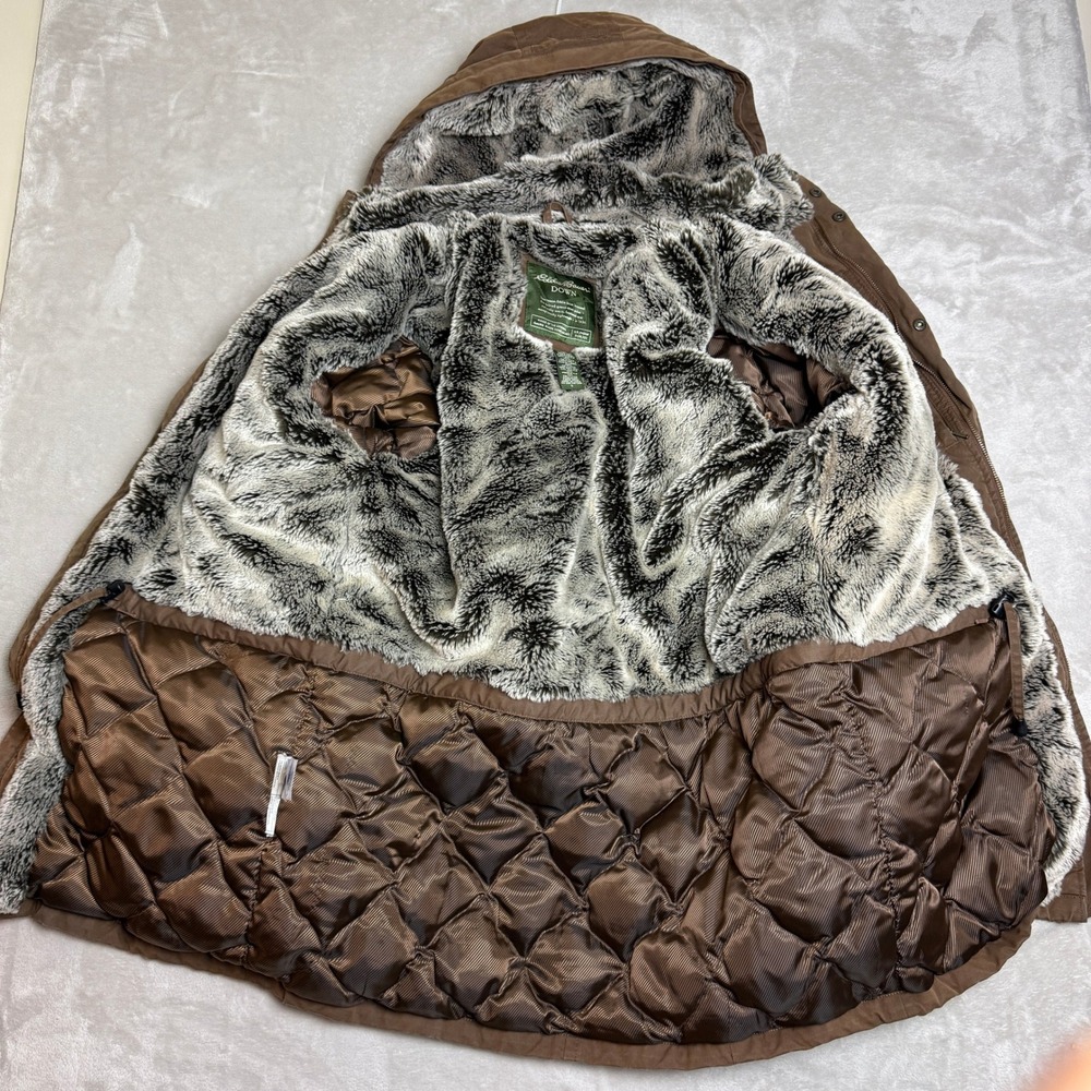 Eddie Bauer Premium Goose Down Parka Coat Women L Brown Faux Fur Quilted Hood - Picture 4 of 13